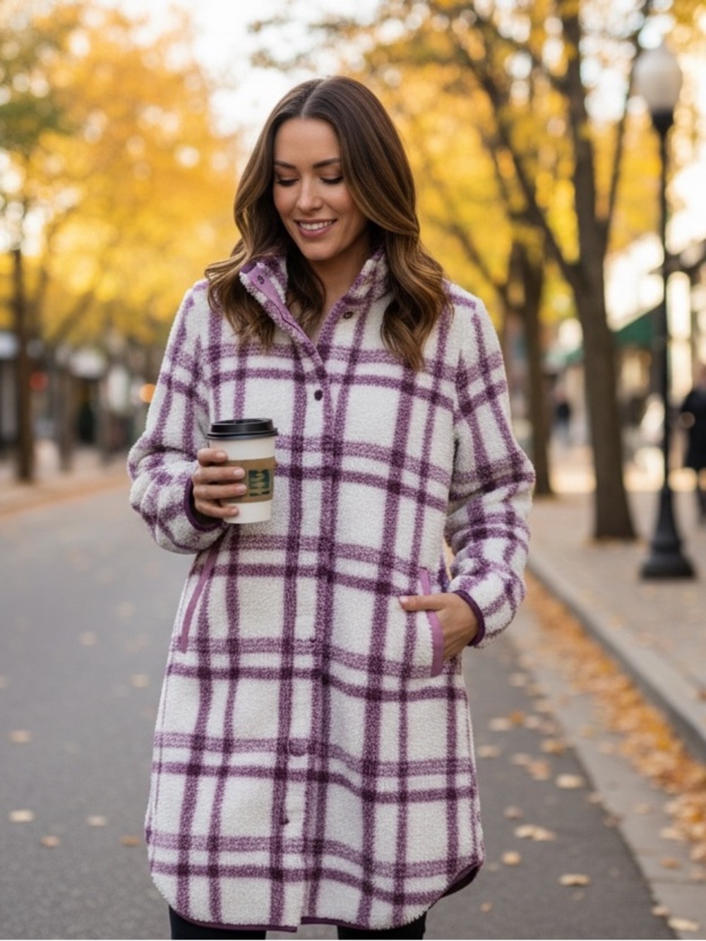 Aspen Women's Plush Sherpa Lined Plaid Coat/Jacket White & Purple Large